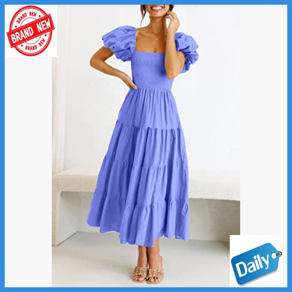 Puffy Sleeve Square Neck Smocked Midi Dress Tiered Ruffle Summer Casual - Picture 2 of 7